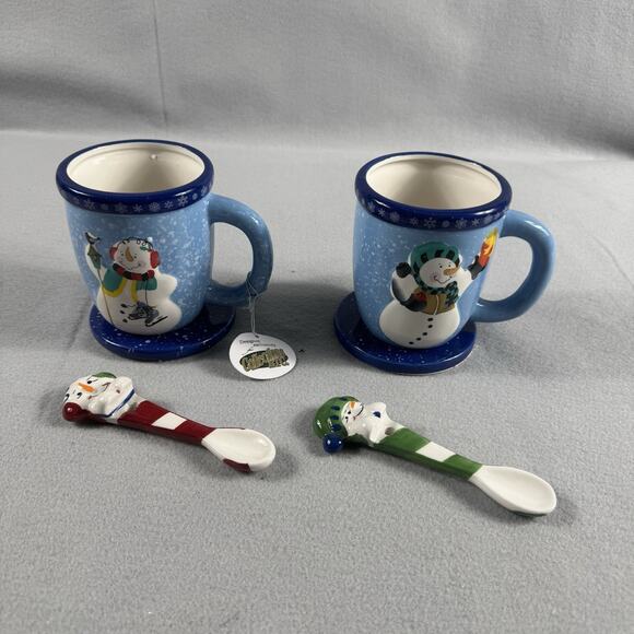 Snowman Coffee Cocoa Cup Mug Set Of 2 Each Cup Spoon Coaster Ceramic 2012 NEW - Picture 2 of 12